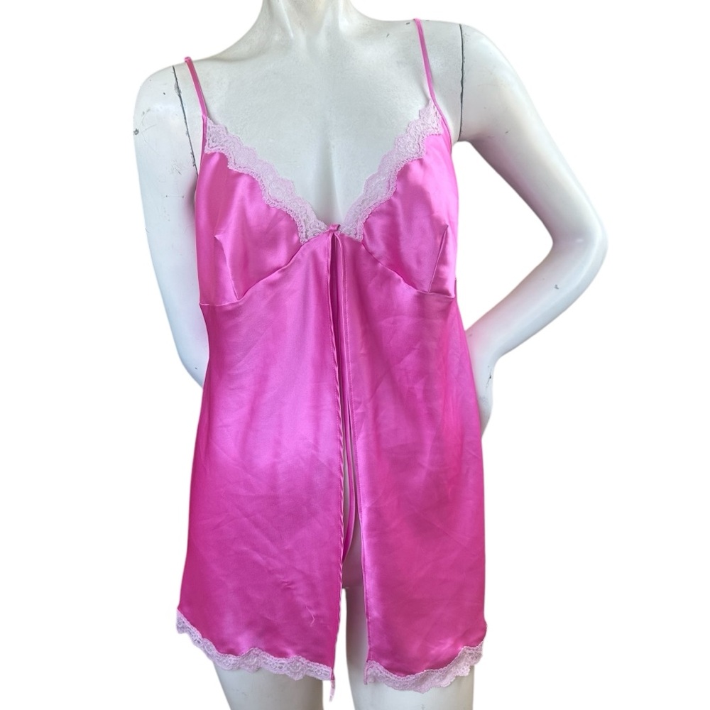 Y2K Victoria's Secret Pink with Lace Trim Tie Front Sleeveless Babydoll Size XL